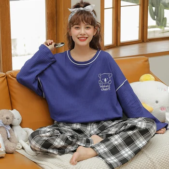 

Lovely Sweet Pajama Sets Long Cotton Sleepwear Loose Nightwear Home Clothes For Women Plaid Design Pants Pijamas Mujer 2PCS