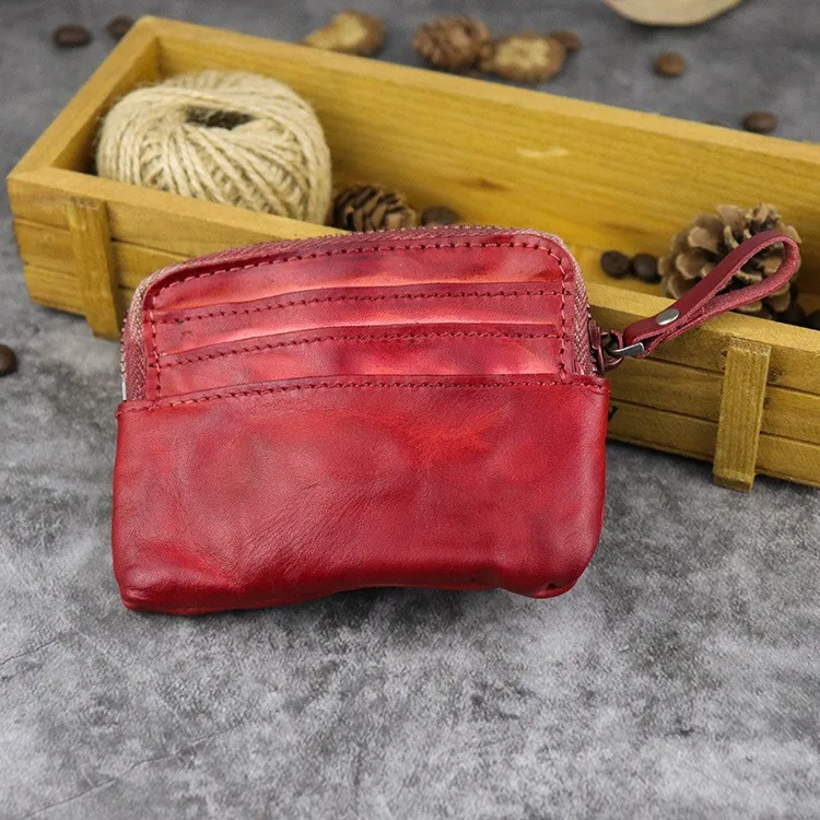 Red Кошелек из натуральной кожи для монет, держатель для карт, для мужчин и женщин, винтажный, ручной работы, короткий тонкий маленький кошелек на молнии, сумка для денег, сменный карман, мужской - Цвет: Red