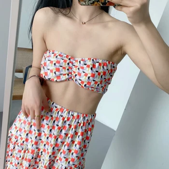 

New Style Ladies Beachwear 2 Piece Set Printed Tube Top Elastic Waist Skirt