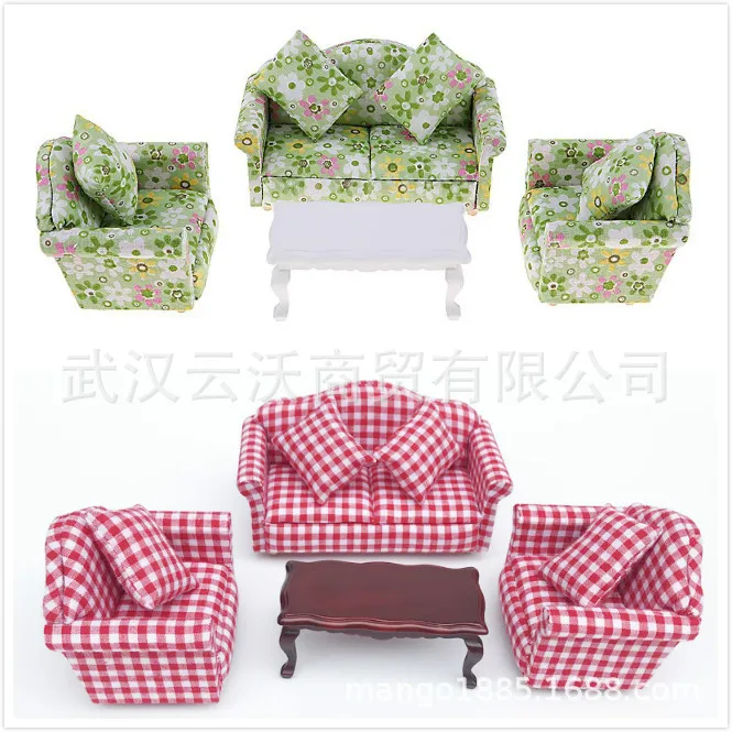 

1: 12 Dollhouse Mini Furniture Model Living Room Floral Print Plaid Sofa Band Teapoy Table 4 Pieces in a Set ~