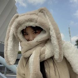 Women Kawaii 3 Piece Scarf Hat Glove Cute Big Cartoon Rabbit Ear Bunny Scarves Winter Warm Soft Thickening Pocket Hats Hooded
