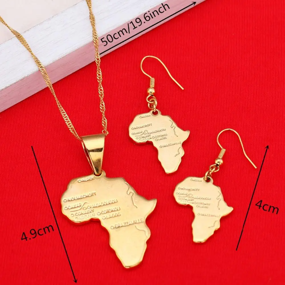 24 K Goud Kleur Messing Afrikaanse Kaart Ketting Oorbellen Voor Afrika Vrouwen Party Kaart Sieraden Set