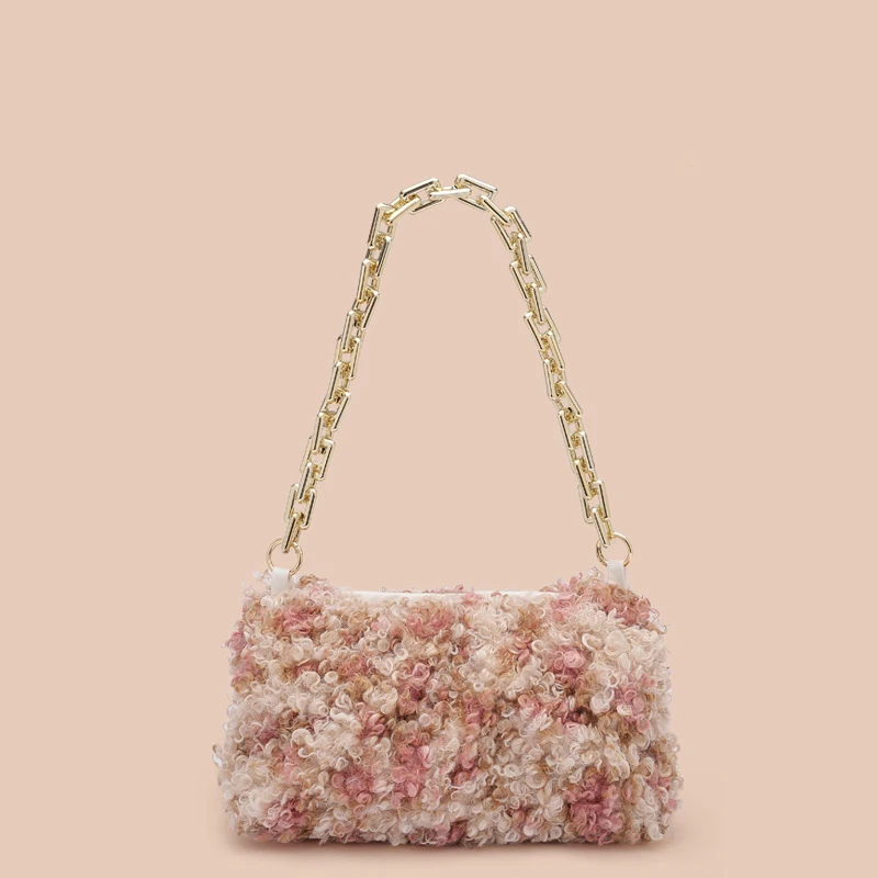 New Fashion Lambswool Women's Shoulder Bag for 2021 Winter Warm Plush Mixed Colors Stylish Female's Handbag Chain Ladies | Багаж и