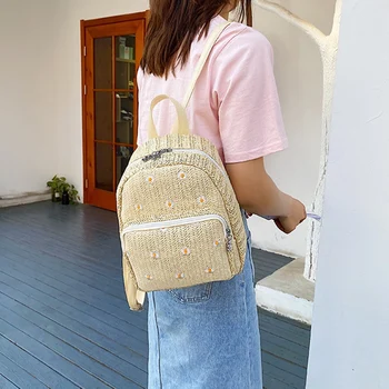 

LJL-Bohemian Straw Woven Women's Backpack Fashion Campus Student School Bag Outdoor Travel Beach Backpack