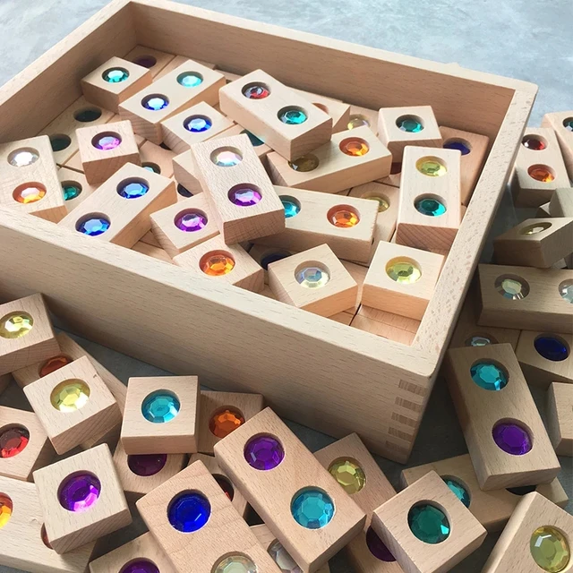 128pcs Wooden Gem Blocks Rainbow Stacking Toys Natural Wood Blocks Kids Creative Game Blocks Educational Toys for Children 1