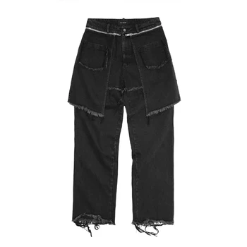 

High Street Detachable Skirt Washed Frayed jeans Men and Women Loose Straight Wide Leg Denim Trousers Oversize Harajuku Pants