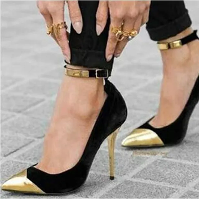 Original Intention Sexy Women Pumps Mixed Color Black Gold Pointed Toe Sexy  Stiletto High Heels Gold Ankle Band Elegant Female|Women's Pumps| -  AliExpress