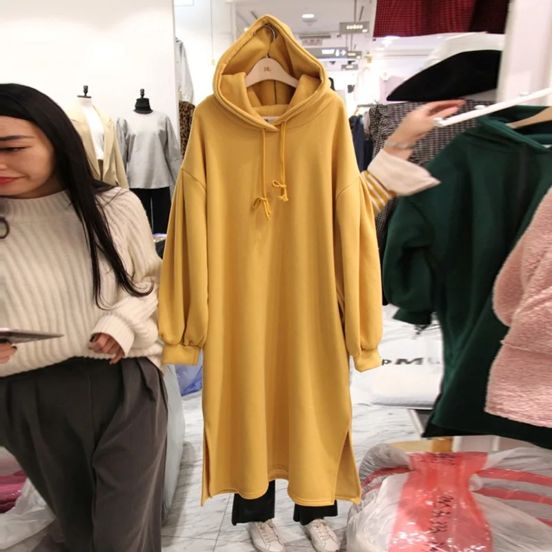 

New Autumn Guard Sweatshirt Women 2019 Loose Pure-color Open-forked Medium-long Hat Guard Pullovers Sweatshirt Women