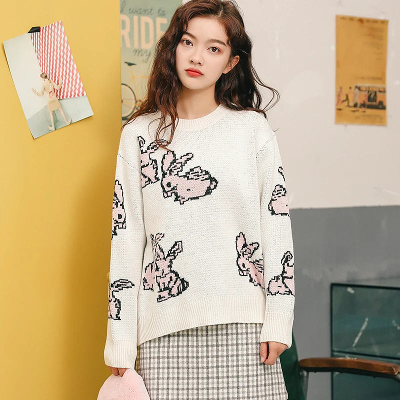 

Women Sweaters Japanese Punk Harajuku Ulzzang Casual Rabbit Loose Sweater Female Korean Kawaii Cute Clothing For Women