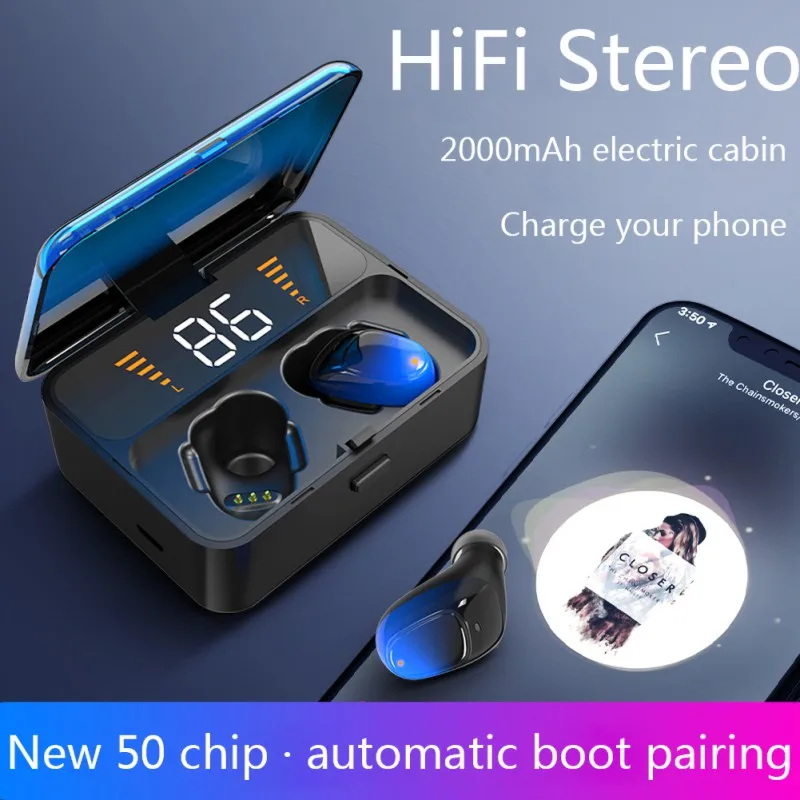 

Wireless Bluetooth Headphone Double Earbuds Touch Control Handsfree TWS Sports Headset With Power Bank Battery Capacity Display