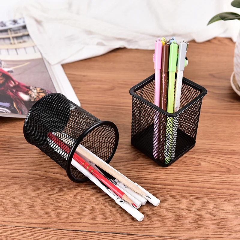 2 Pack Pen Holders Metal Pencil Holder Pen Organizer For Desk Office Two Kinds Of Shapes Circular And Square Black
