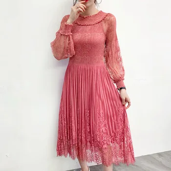 

Spring 2020 Women Pleated Dress Large Print Lace Dress