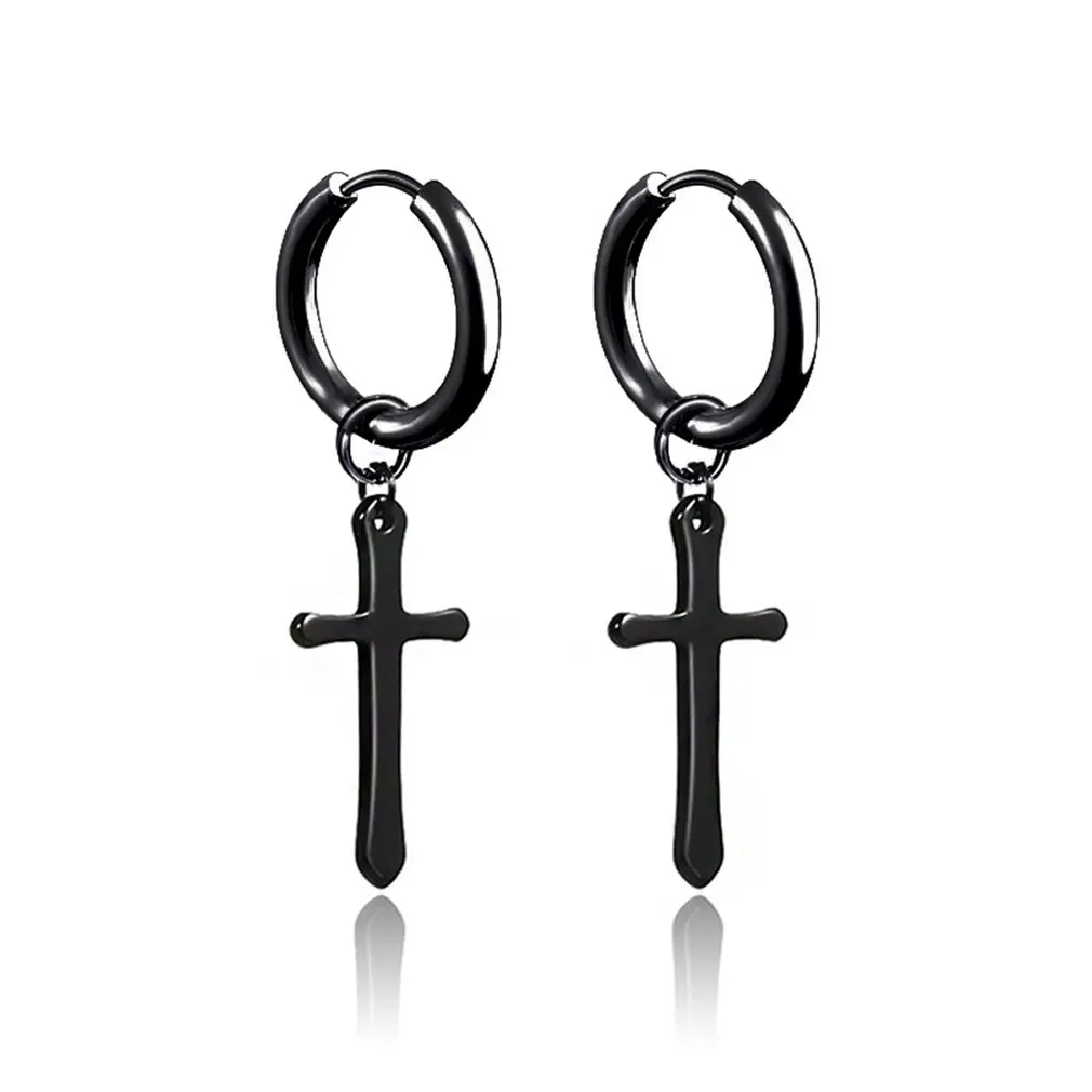ear hook blck Уникальные серьги-кольца из титановой стали, висячие серьги с крестиком и подвеской в виде креста - Окраска металла: ear hook blck