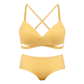

2020 Seamless Solid Thin Cup Hollow Back Plaid Underwear Gathered Comfortable Breathable Rimless Bra Set