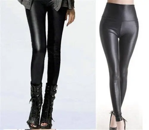 Shiny-Metallic-High-Waist-Black-Stretchy-Leather-Leggings-S-M-L-XL-Plus-Size