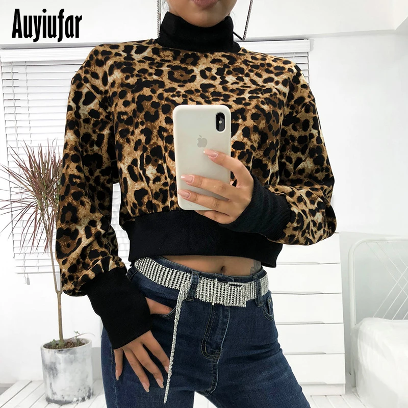 

Auyiufar Autumn Winter Leopard Fashion Sweatshirt For Women Turtleneck Long Sleeve Pullover 2019 Casual Streetwear Crop Top Slim