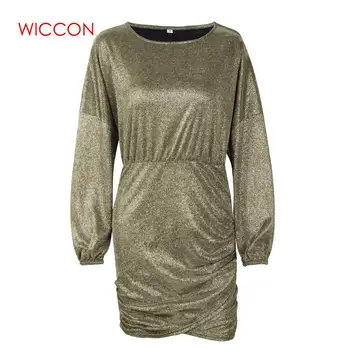 

2020 Fashion Women Lurex Long Sleeve Dress Bodycon Sexy Party Dress Irregular Wrap Cute Gold Dress Glitter Femme Spring Wear