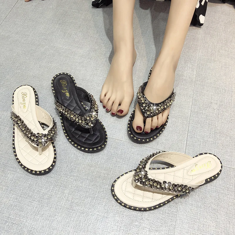 2020 New women shoes slippers summer beach sandals Fashion women Rhinestone outdoor slippers flip flops shoes women mujer