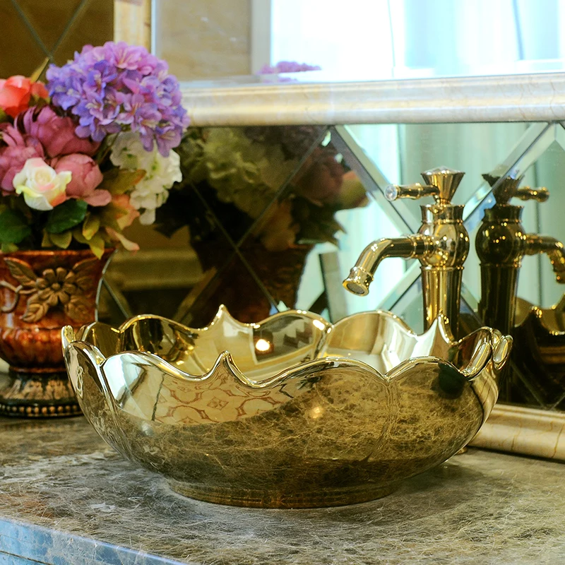 China Artistic Porcelain Handmade Porcelain Lavabo Bathroom Vessel Sinks ceramic wash basin bathroom wash hand basins gold (4)