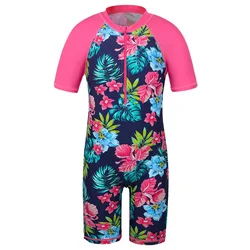 BAOHULU Navy Floral Kids Swimsuit UV UPF50+ Short Sleeve Toddler Girls Swimwear Children Swimming Suit Beachwear for 2-11 Yrs