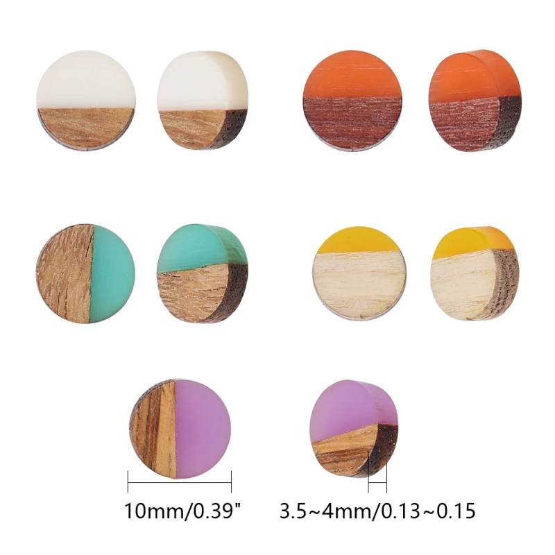 50pcs 10mm Resin & Wood Cabochons Resin Cabochon Flat Back for Jewelry Making DIY Bracelet Earring Accessories 10x3.5~4mm