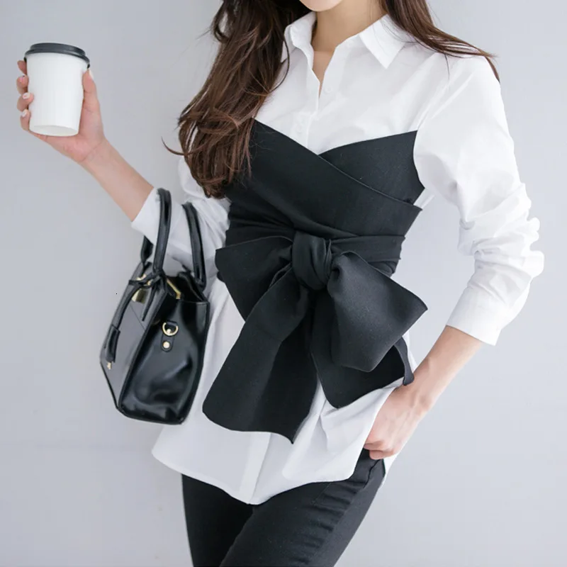 

LANMREM 2019 New Spring Summer Sweet Solid Color Turn-down Collar Lace Sleeve Shirt Belt Women Blouse Fashion Tide TC013
