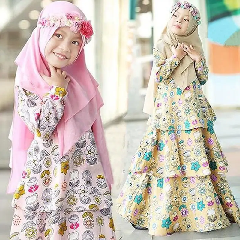 Muslim Girls Cake Dress 2 Piece Sets Islamic Clothes Hijab Abaya Children Niqab Burqa Kids Print Flower Kaftan Jilbab Party Gown |