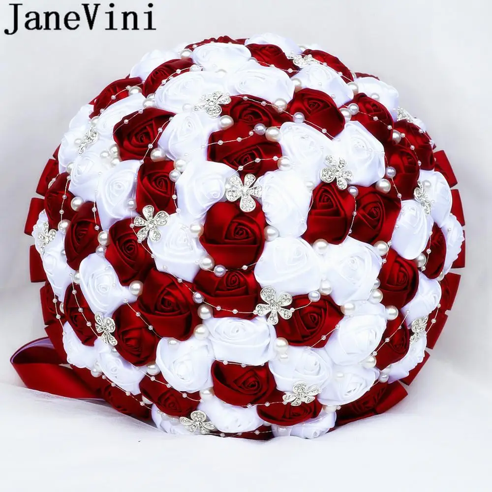 JaneVini 30CM Big Wedding Bouquets Dark Red Wedding Flowers Bridal Bouquets Luxurious Crystal Pearls Rhinestone Beads Bride Rose