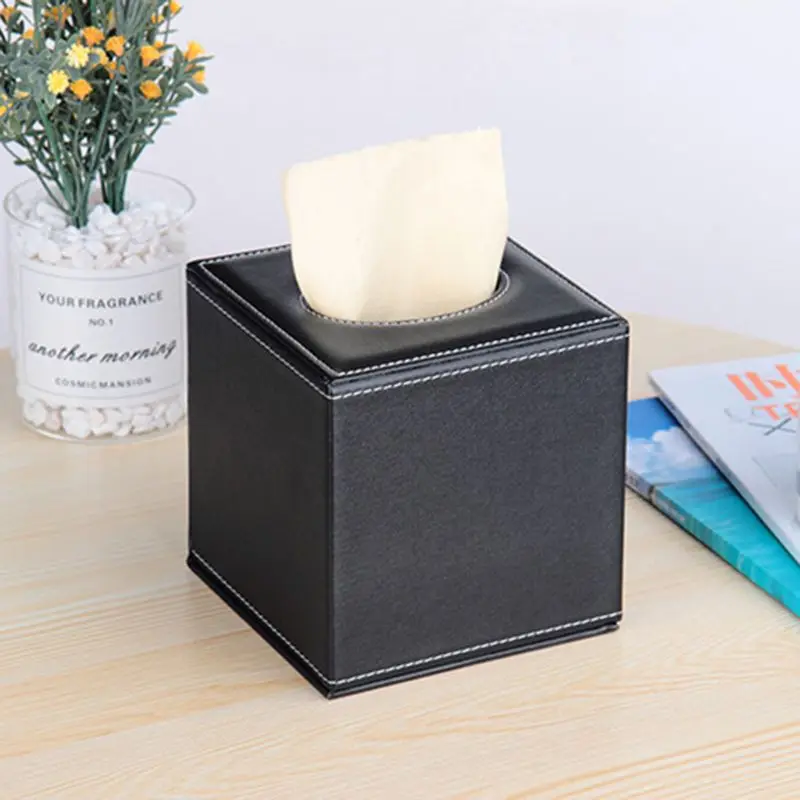 

PU Leather Square Facial Tissue Box Cover Napkin Holder Paper Towel Dispenser Container Household Office Cube for Home Car Deco
