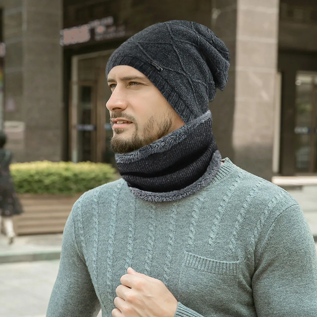 Новинка, вязаная шапка, шарф, набор, Мужская теплая шапка, шапка, шарф, воротник, набор, Мужская зимняя шапка, плюс бархат, толстая шапка и глушитель, уличная одежда