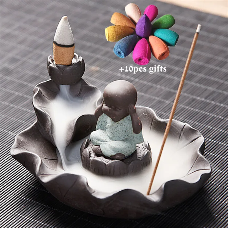Ceramic Little Monk Lotus Backflow Incense Burner Home Decor Waterfall Aromatherapy Censer Incense Stick Holder+ 10pcs Cones
