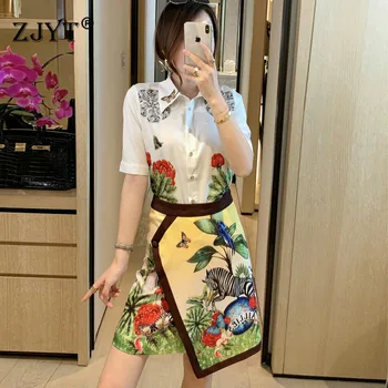 

Fashion Summer Women Runway Set 2020 New Designer Short Sleeve Print Blouse and Irregular Skirt Suit Matching Set 2Piece Clothes