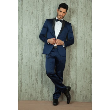 

New Style Navy Blue Shawl Lapel Formal Men Suit Slim Fit Skinny 2 Piece Custom Groom Tuxedos Terno Masculino (Jacket+Pants)