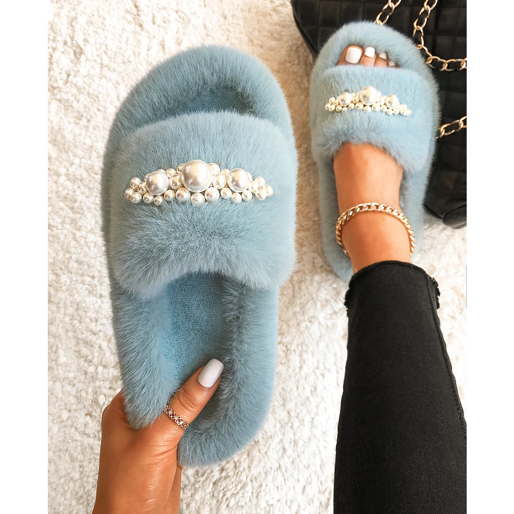 Fluffy Flip Flops Furry Fur Slides Designer Pearl Chain Plush House Slippers Women Casual Faux Fur Slippers Cozy Warm Home Shoes