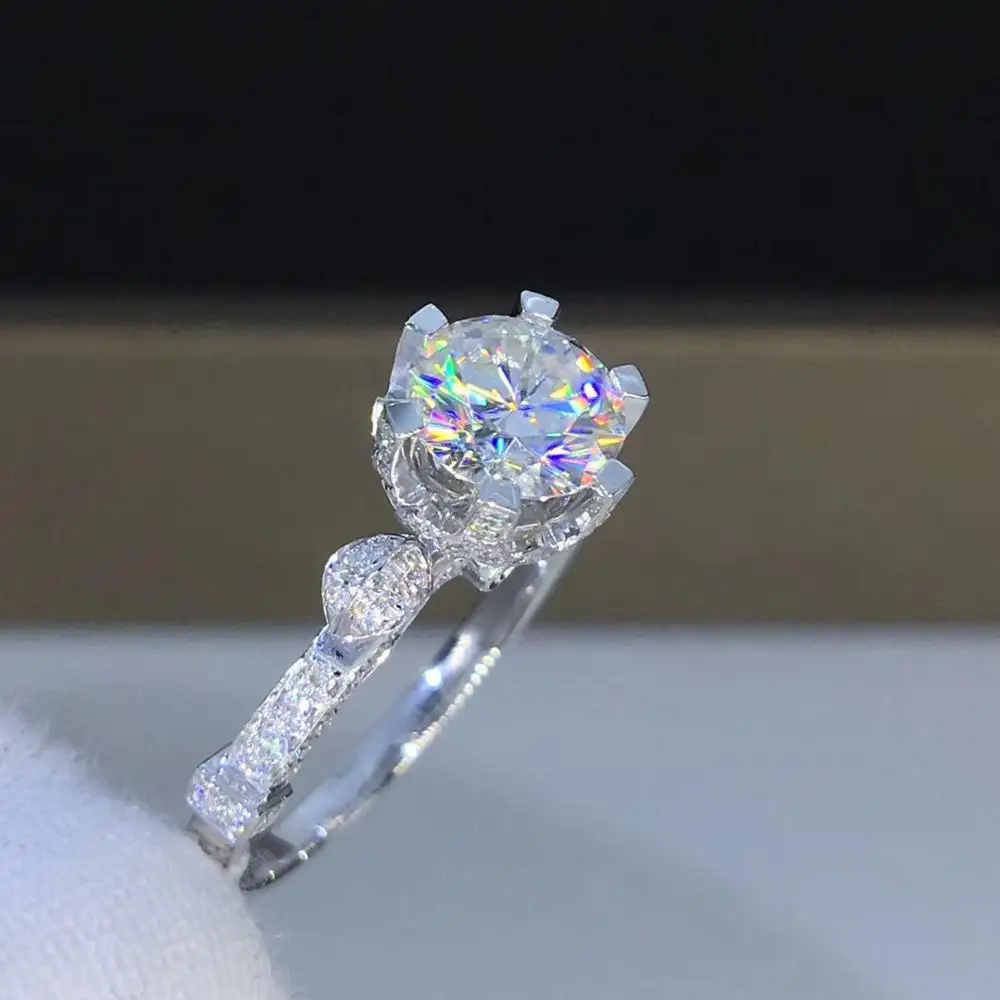 Круглое Кольцо из белого золота с муассанитом 1ct D VVS роскошное кольцо для