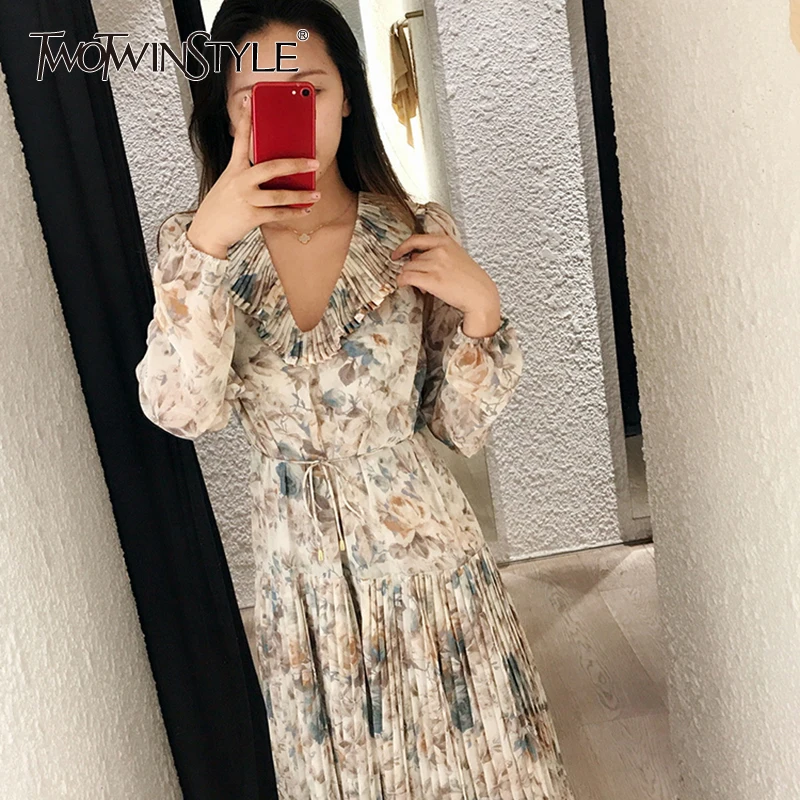 TWOTWINSTYLE Платье с принтом женское Пышное Платье с длинным рукавом на шнуровке с высокой талией Миди плиссированное платье женская модная одежда осень Новинка