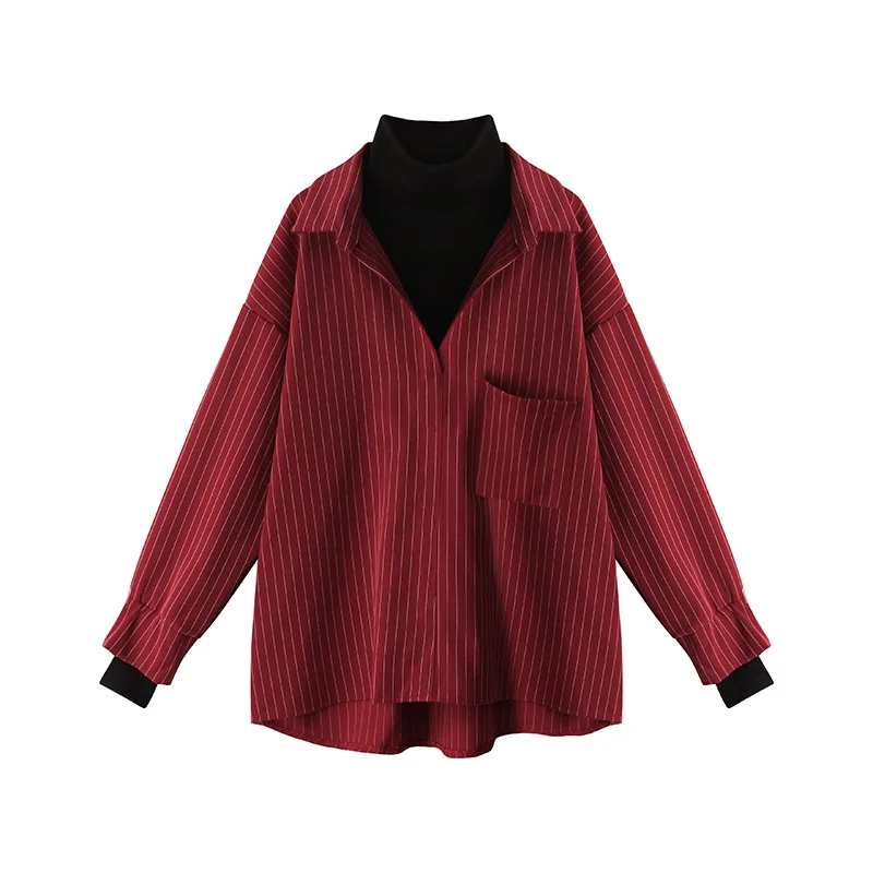 Shirt Top 2020 Spring New Shirt Loose High Collar Fake Two Long-sleeved Vertical Striped Shirt Women - 4.00067E+12