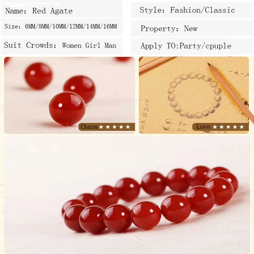 Real Red Agate Round Bead Stretch Bracelets 6/8/10/12/14/16mm Natural Stone Beads Bracelet for Girls