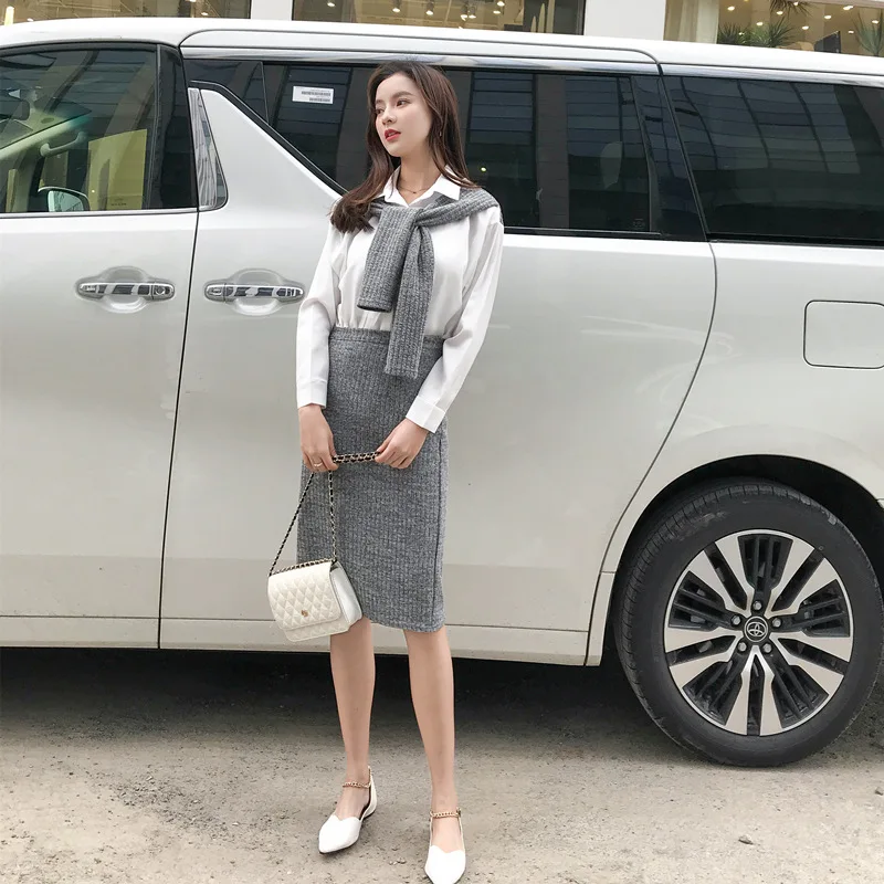 

2019 Spring New Style Korean-style Debutante Mock Two-Piece Shawl White Shirt Skirt Set