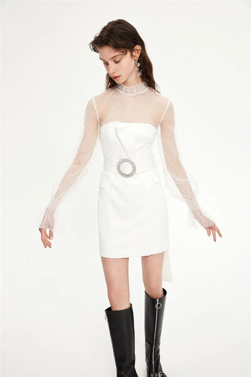 Pure White Party Dress Sexy Women Stand Collar Flare Sleeve See Through Polka Dot Mesh Spliced Mini Dress With Crystal Belt