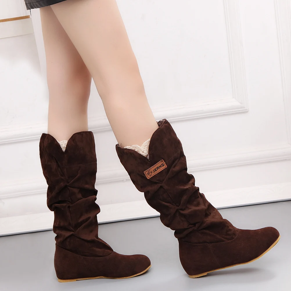 Women Fur Knee High Boots Fashion Flock Plush Padded Winter Snow Boots Casual Flat Heels Lace Warm Black Brown Long Boots Ladies
