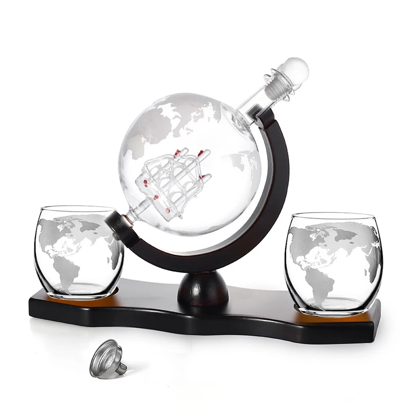 

Glass Globe Decanter Set with Whiskey Glasses Wood Stand Funnel Accessories Home Dining Bar Decoration