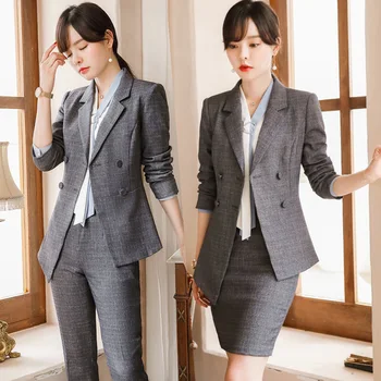 

Womens Elegant 2 Piece Office Lady plaid Business Suit Set Slim Fit Work Suits for Women Blazer Jacket,Pant/Skirt Suits