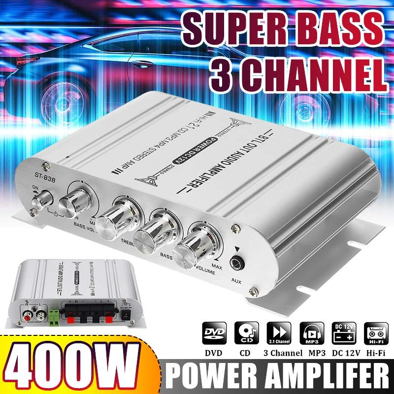 12V3A 400W 3 Channel Power Amplifier Hi-Fi Stereo Speakers Amplifier Audio Sound Home Theater Amplifier Super Bass Support