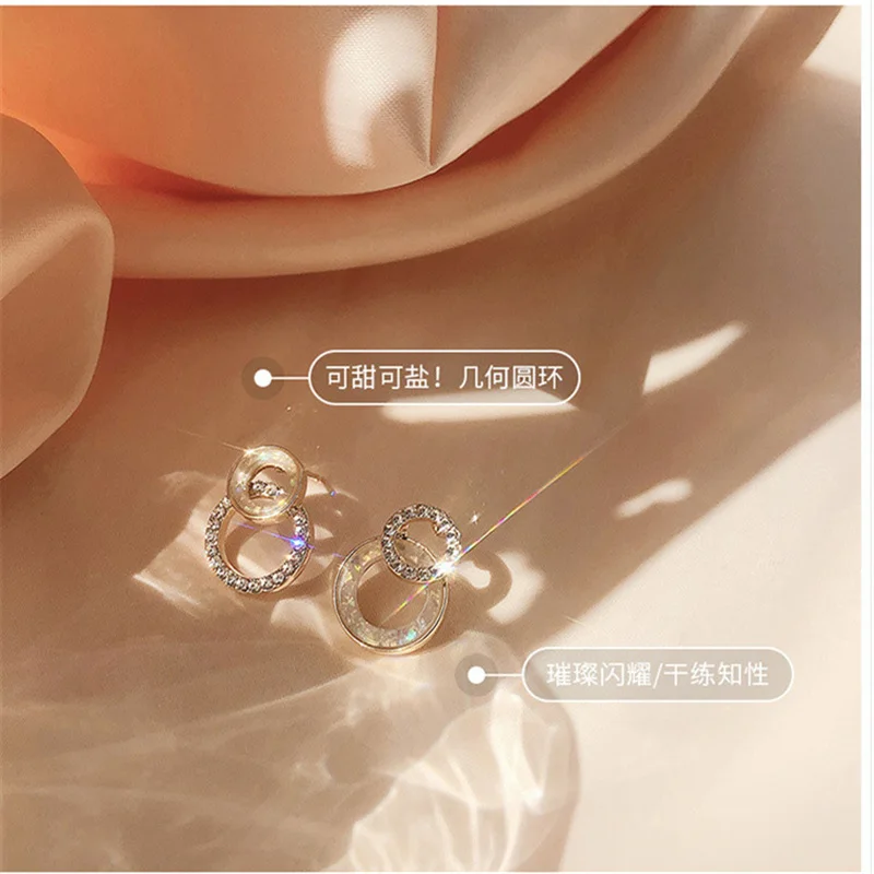 2021 Korean Simple Double Circle Gold Color Metal Rhinestone Drop Earrings For Women Fashion Small Pendientes Jewelry Gifts - Image 3