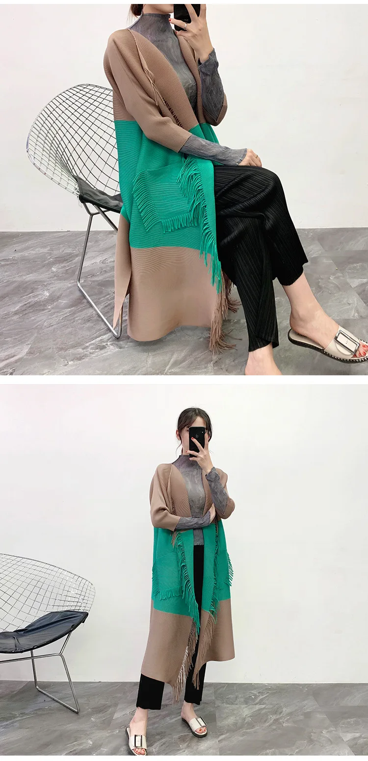 Miyake Плиссированное длинное пальто с кисточками Женская мода с отложным воротником открытый стежок Тренч Зимний размера плюс Лоскутная ветровка