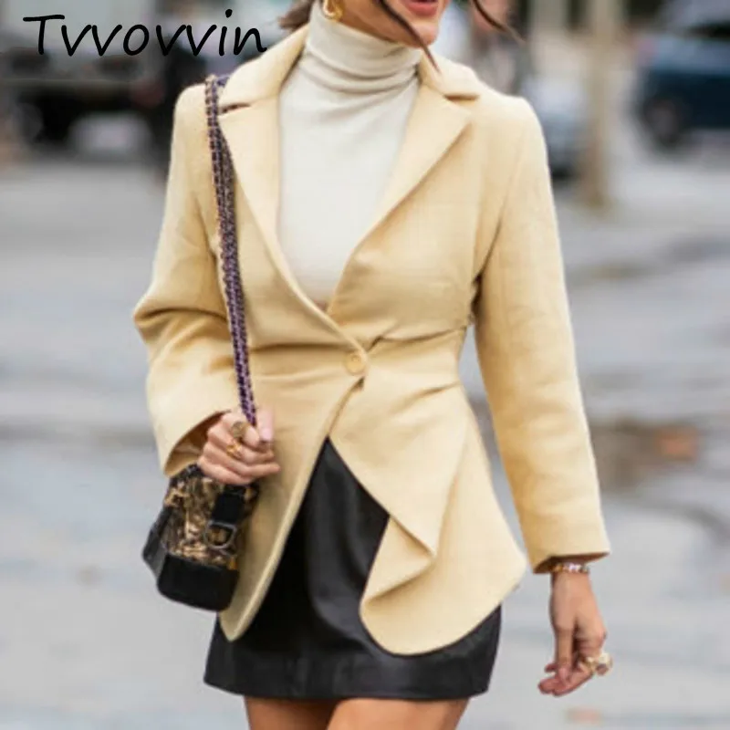 Tvvovvinin 2019 модная новинка Осенняя однотонная женская куртка на одной пуговице Повседневная Асимметричная складывающаяся трендовая одежда