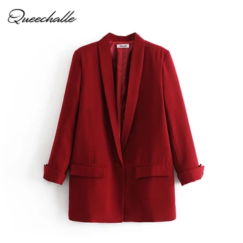 

Queechalle black red blazer pockets single button cuff sleeve office lady suit coat female solid long sleeve casual outerwear