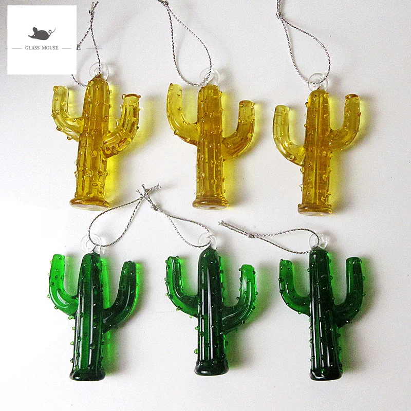 

6pcs Decorative Figurine Miniature glass cactus ornament ins style Home garden hanging decoration handmade murano glass Pendant