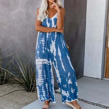 

Women's Summer Tie Dye Printed Camisole Jumpsuit Long Loose Jumpsuits Wide Leg Rompers Fashion Jumpsuit 2020
